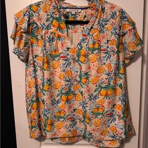 Joy Joy White Citrus Print Short Sleeve Blouse